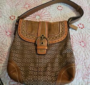 Coach Brown Jacquard Shoulder Bag with Leather Trim